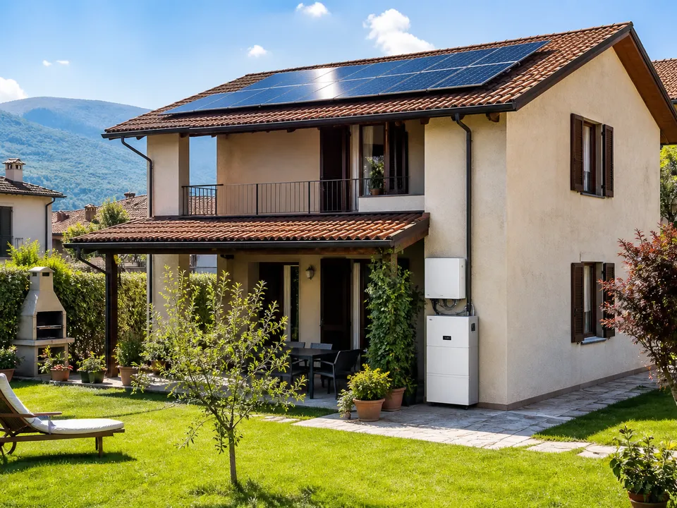 Abitazione con pannelli fotovoltaici e sistema di accumulo esterno