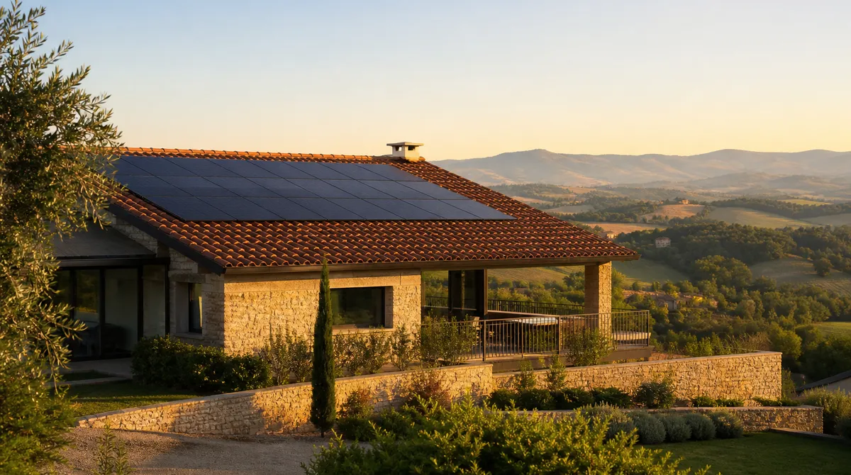 Casa con pannelli fotovoltaici sul tetto, immersa nel paesaggio italiano